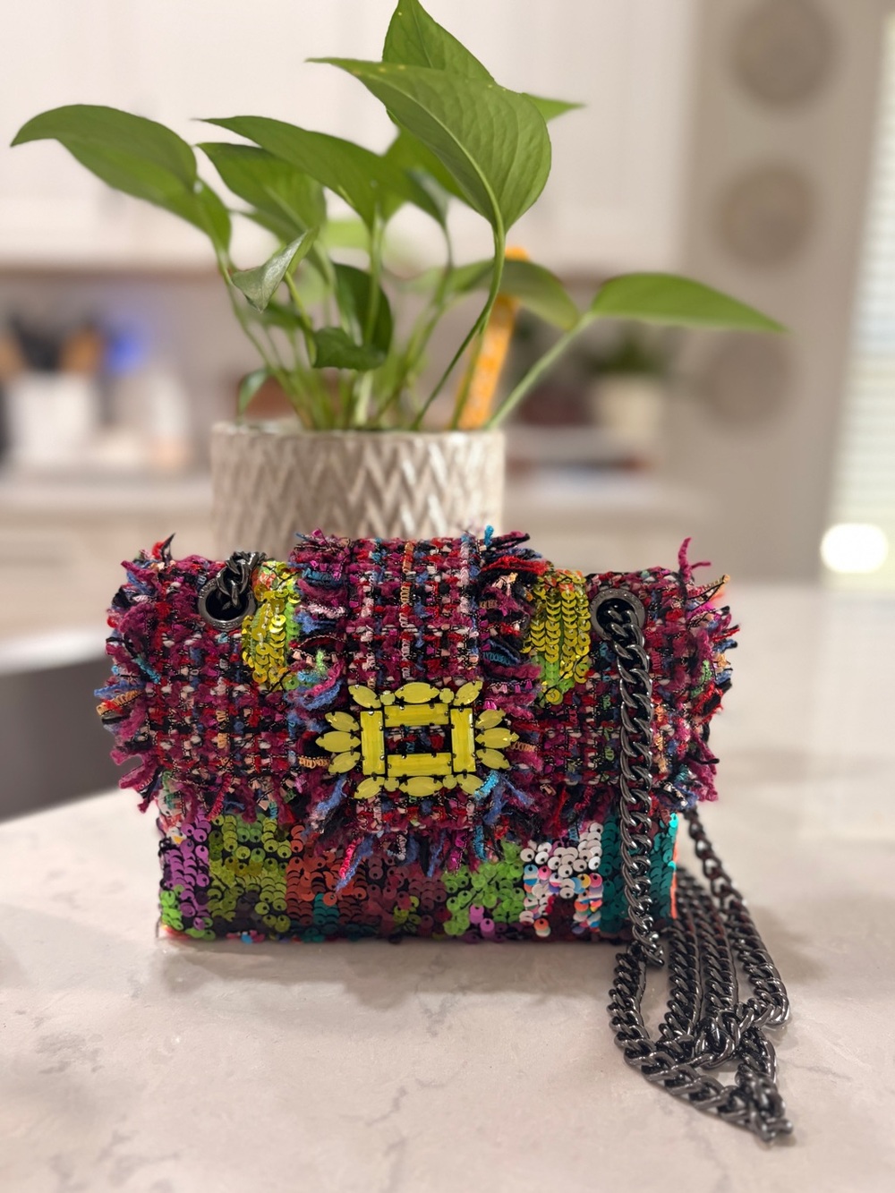 Kurt Geiger Multicolor Tweed & Sequin Crossbody with Neon Yellow Accent-NWT